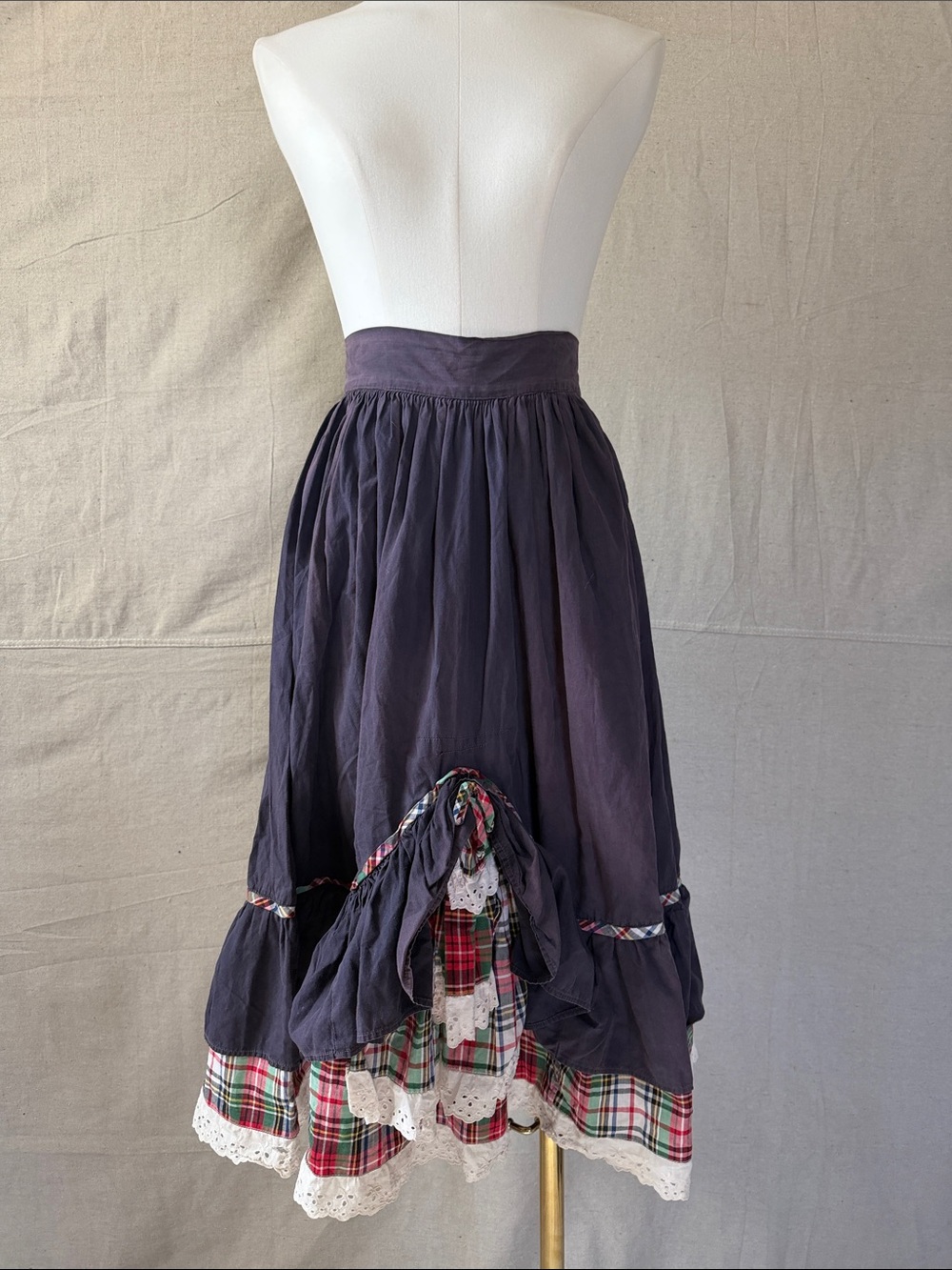 Vintage faded black  and Plaid Tiered Midi Skirt